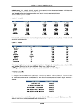 Finanzas II – Caso #1 “Tio Alberto Food Inc.” 
Hoja 4 
Inversión mo en USD: inversión requerida calculada en USD a tipo de cambio actual debido a que el financiamiento se conseguirá en USD para maximizar economías de escala. 
Total Locales: cantidad de locales a establecer en cada país en función de la demanda calculada. 
Tipo de cambio: expresado en USD. 
Cuadro 5 – Demanda 
Demanda: calculada como cantidad de comensales por año primero para los primeros tres años y luego, el nivel de demanda de régimen (“demanda target”) 
Cuadro 6 – Ingresos 
Consumo per cápita: consumo por comensal y por compra (no por año) expresado en moneda doméstica a diciembre 2010. 
FCF / Ingresos: proporción de Free Cash Flow que se obtiene sobre la facturación anual. 
CAGR Ingresos: tasa de crecimiento de los ingresos luego de establecida la demanda en régimen. 
Financiamiento. 
La compañía financiará todo con préstamos bancarios en dólares estadounidenses. El tope máximo de crédito a solicitar es de 250MM de USD pero el costo de los préstamos varía según el monto a solicitar: 
Nota: los costos son incrementales. Esto implica que solicitar 80MM de USD no tiene un costo de 13%; los primeros 35M tienen un costo de 10% y los segundos 45MM tienen un costo del 13%.  