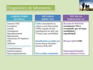 Diagnóstico de laboratorio
LABORATORIO
GENERAL
Aumento VSG
Leucopenia
Anemia
Trombopenia
Hipoalbuminemia
Hiponatremia
Alteraciones PF hepáticas
CPK
Aldolasas
Alteración de la coagulación
Crioglobulinemia
Inmunocomplejos
Hipocomplementemias
MÉTODOS
DIRECTOS
Cultivo (inoculación en
cobaya o en la línea celular
VERO, seguido de lisis-
centrifugación en shell vial:
72 horas, baja sensibilidad)
Identificación en tejidos por
tinción directa (Giménez,
Giemsa), PCR, IFD
IFI en células endoteliales
TÉCNICAS
SEROLOGICAS
Reacción de Weil-Félix
(actualmente NO se
recomienda, por sus bajas
sensibilidad y
especificidad)
IFI para IgM (>1/80)
Inmunoquimioluminis-
cencia indirecta (CLIA)
 