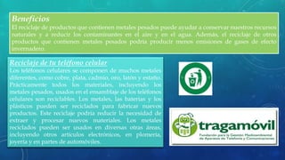 22 de julio de 2012Texto de pie de página aquí 9
Beneficios
El reciclaje de productos que contienen metales pesados puede ayudar a conservar nuestros recursos
naturales y a reducir los contaminantes en el aire y en el agua. Además, el reciclaje de otros
productos que contienen metales pesados podría producir menos emisiones de gases de efecto
invernadero.
Reciclaje de tu teléfono celular
Los teléfonos celulares se componen de muchos metales
diferentes, como cobre, plata, cadmio, oro, latón y estaño.
Prácticamente todos los materiales, incluyendo los
metales pesados, usados en el ensamblaje de los teléfonos
celulares son reciclables. Los metales, las baterías y los
plásticos pueden ser reciclados para fabricar nuevos
productos. Este reciclaje podría reducir la necesidad de
extraer y procesar nuevos materiales. Los metales
reciclados pueden ser usados en diversas otras áreas,
incluyendo otros artículos electrónicos, en plomería,
joyería y en partes de automóviles.
 
