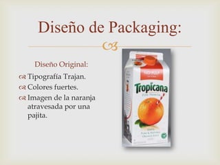 Diseño de Packaging:
              
    Diseño Original:
 Tipografía Trajan.
 Colores fuertes.
 Imagen de la naranja
  atravesada por una
  pajita.
 