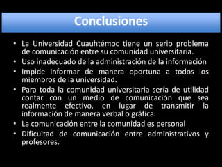 ConclusionesLa Universidad Cuauhtémoc tiene un serio problema de comunicación entre su comunidad universitaria.Uso inadecuado de la administración de la informaciónImpide informar de manera oportuna a todos los miembros de la universidad.Para toda la comunidad universitaria sería de utilidad contar con un medio de comunicación que sea realmente efectivo, en lugar de transmitir la información de manera verbal o gráfica.La comunicación entre la comunidad es personalDificultad de comunicación entre administrativos y profesores.