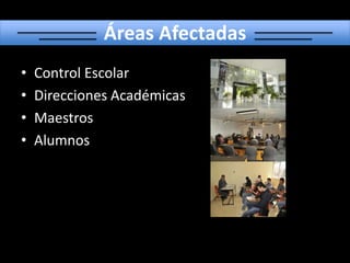 Áreas AfectadasControl EscolarDirecciones AcadémicasMaestrosAlumnos