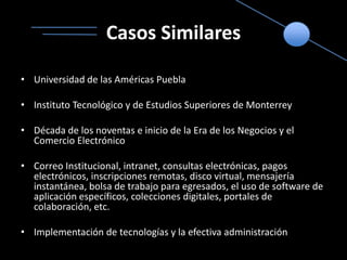Casos SimilaresUniversidad de las Américas PueblaInstituto Tecnológico y de Estudios Superiores de MonterreyDécada de los noventas e inicio de la Era de los Negocios y el Comercio ElectrónicoCorreo Institucional, intranet, consultas electrónicas, pagos electrónicos, inscripciones remotas, disco virtual, mensajería instantánea, bolsa de trabajo para egresados, el uso de software de aplicación específicos, colecciones digitales, portales de colaboración, etc.Implementación de tecnologías y la efectiva administración