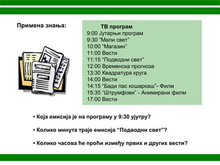 • Која емисија је на програму у 9:30 ујутру?
• Колико минута траје емисија “Подводни свет”?
• Колико часова ће проћи између првих и других вести?
ТВ програм
9:00 Јутарњи програм
9:30 “Мали свет”
10:00 “Магазин”
11:00 Вести
11:15 “Подводни свет”
12:00 Временска прогноза
13:30 Квадратура круга
14:00 Вести
14:15 “Бади пас кошаркаш”- Филм
15:35 “Штрумфови” - Анимирани филм
17:00 Вести
Примена знања:
 