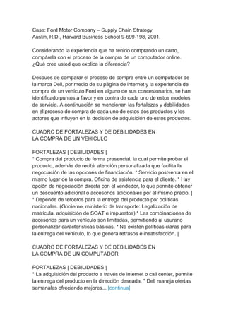 Case: Ford Motor Company – Supply Chain Strategy
Austin, R.D., Harvard Business School 9-699-198, 2001.
Considerando la experiencia que ha tenido comprando un carro,
compárela con el proceso de la compra de un computador online.
¿Qué cree usted que explica la diferencia?
Después de comparar el proceso de compra entre un computador de
la marca Dell, por medio de su página de internet y la experiencia de
compra de un vehículo Ford en alguno de sus concesionarios, se han
identificado puntos a favor y en contra de cada uno de estos modelos
de servicio. A continuación se mencionan las fortalezas y debilidades
en el proceso de compra de cada uno de estos dos productos y los
actores que influyen en la decisión de adquisición de estos productos.
CUADRO DE FORTALEZAS Y DE DEBILIDADES EN
LA COMPRA DE UN VEHICULO
FORTALEZAS | DEBILIDADES |
* Compra del producto de forma presencial, la cual permite probar el
producto, además de recibir atención personalizada que facilita la
negociación de las opciones de financiación. * Servicio postventa en el
mismo lugar de la compra. Oficina de asistencia para el cliente. * Hay
opción de negociación directa con el vendedor, lo que permite obtener
un descuento adicional o accesorios adicionales por el mismo precio. |
* Depende de terceros para la entrega del producto por políticas
nacionales. (Gobierno, ministerio de transporte: Legalización de
matrícula, adquisición de SOAT e impuestos) * Las combinaciones de
accesorios para un vehículo son limitadas, permitiendo al usurario
personalizar características básicas. * No existen políticas claras para
la entrega del vehículo, lo que genera retrasos e insatisfacción. |
CUADRO DE FORTALEZAS Y DE DEBILIDADES EN
LA COMPRA DE UN COMPUTADOR
FORTALEZAS | DEBILIDADES |
* La adquisición del producto a través de internet o call center, permite
la entrega del producto en la dirección deseada. * Dell maneja ofertas
semanales ofreciendo mejores... [continua]
 