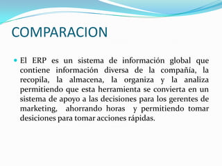 COMPARACIONEl ERP es un sistema de información global que contiene información diversa de la compañía, la recopila, la almacena, la organiza y la analiza permitiendo que esta herramienta se convierta en un sistema de apoyo a las decisiones para los gerentes de marketing,  ahorrando horas  y permitiendo tomar desiciones para tomar acciones rápidas.