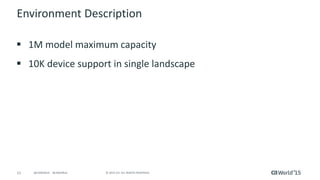 11 © 2015 CA. ALL RIGHTS RESERVED.@CAWORLD #CAWORLD
OneClick Performance Benchmarking
Spectrum OC KPI Description Component Load Measure Win Lin Sol
OC Client launch time
Time taken to launch the
Oneclick Console right from
clicking the “Start Console” in
OC Admin page to load the
(Devices, Models, Alarms,
GCs, etc) until some operation
can be performed using the
OC Client.
Complete Alarms to be
loaded in alarms Tab.
o 40K Devices
o 2.5M Models
o 400 GC’s, each with 30K
Models
o 100K Alarms
2 Minutes
2 Minutes 20
Seconds
2 Minutes 10 Seconds
OC Client Launch time
–EEM and SSL enabled
Same as above + EEM + SSL Same as above 3 minutes TBD TBD
One Click Server startup
time
Time taken to start the
OneClick Server (Tomcat)
o 40K Devices
o 2.5M Models
o 400 GC’s, each with 30K
Models
o 100K Alarms
5 minutes 0:01:15 0:01:05
Time taken to search 50K
elements through locator
search.
30 secs 56-60 secs 1 Minute 15 Seconds
Time taken to createrender
50K elements through Global
Collection (Static & Dynamic).
30 secs
Creation Time: 2-5
minutes
Rendering Time: 56-
60 Sec
Creation Time: 2-5
minutes
Rendering Time: 50-
55 Sec
Time taken to locate the
model using search box
3 secs 6 – 10 Sec 6 – 10 Sec
Topology Rendering
Time taken to render the
topology
o Topology with 10K
devices and 1M Models
30 secs 25 – 30 Sec 25 – 30 sec
Rendering the Information
View
Time taken to render the
Information view for
Manager Models
o Managers with dynamic
information tables
10 secs 5 -10 Sec 5 -10 Sec
Time taken for NCM Global
Sync
o Discover 2K NCM
enabled devices
90 mins for 2K
devices.
59 Minutes for 2K
Devices with 25K
Lines
59 Minutes for 2K
Devices with 25K
Lines
Time taken to upload device
configuration file – TFTP
o Upload a file with 50K
lines – TFPT
5 mins.
Cannot be done
due to lack of
environment.
Cannot be done due
to lack of
environment.
Autodiscovery
Time taken to discover
multiple subnets (1500
devices per discovery)
o Discover 10000 devices
1500 per configuration
20 mins for
discovering 1500
devices ( 15K
models)
Range 1 - 0:10:41
Range 2 - 0:10:41
Range 3 - 0:09:54
Range 4 - 1:09:36
Range 5 - 0:39:29
Note: Discovery
Only
Range 1 - 0:01:02
Range 2 - 0:01:05
Range 3 - 0:03:16
Range 4 - 0:57:07
Range 5 - 0:03:47
Note: Discovery Only
Modeling Gateway
Time taken to load the
models through modeling
gateway
o Load 5000 devices (50K
models)
6 hrs. 3-4 hrs. 3-4 hrs.
Search Operations
o Query is run when
overall 3M models are
available in OC
NCM Global Sync
 