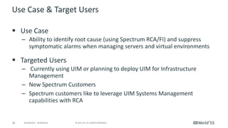 20 © 2015 CA. ALL RIGHTS RESERVED.@CAWORLD #CAWORLD
UIM Node/Folder Is Populated
 Expand the Nimsoft Node
 Organized by OS
 Each host CI is a model in
Spectrum
 