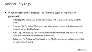58 © 2015 CA. ALL RIGHTS RESERVED.@CAWORLD #CAWORLD
Proactive Strengthening For Security Vulnerabilities
 Research new OS versions and plan to support those
 Review new versions of 3rd Party Components – Java, MySQL, PKI, Apache
etc
 Product Managers a lot more aggressive and conscious about
vulnerabilities
 Helping customers and partners run and evaluate penetration tests
 Recent PEN tests did not uncover any critical or high impacting items –
only low
 