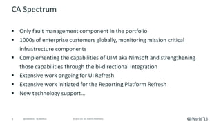 6 © 2015 CA. ALL RIGHTS RESERVED.@CAWORLD #CAWORLD
CA Spectrum
 Only fault management component in the portfolio
 1000s of enterprise customers globally, monitoring mission critical
infrastructure components
 Complementing the capabilities of CA UIM aka Nimsoft and strengthening
those capabilities through the bi-directional integration
 Extensive work ongoing for UI Refresh
 Extensive work initiated for the Reporting Platform Refresh
 New technology support…
Join us for the roadmap session to know more...
 