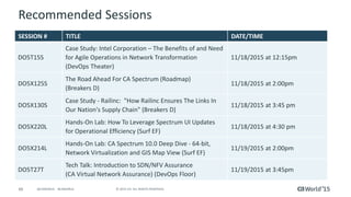 66 © 2015 CA. ALL RIGHTS RESERVED.@CAWORLD #CAWORLD
Must See Demos
Integrate Event
Mgmt, Fault Isolation
and Root Cause
Analysis
CA Spectrum
Theater 5
CA UIM
CA Unified
Infrastructure
Management
Theater 5
Deploy SDN/NFV
without Adding More
Monitoring Tools
CA Virtual Network
Assurance
Theater 5
Ensure Service
Delivery Across
Complex
Infrastructures
CA Performance
Management
Theater 5
 