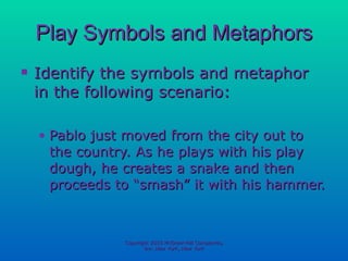 Play Symbols and Metaphors Identify the symbols and metaphor in the following scenario: Pablo just moved from the city out to the country. As he plays with his play dough, he creates a snake and then proceeds to “smash” it with his hammer. Copyright 2010 McGraw-Hill Companies, Inc. New York, New York 