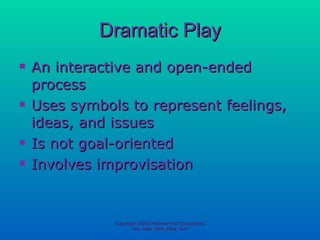 Dramatic Play An interactive and open-ended process Uses symbols to represent feelings, ideas, and issues Is not goal-oriented Involves improvisation Copyright 2010 McGraw-Hill Companies, Inc. New York, New York 