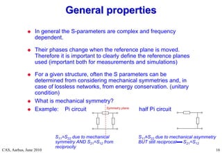 RF Basic Concepts, Caspers, McIntosh, Kroyer
CAS, Aarhus, June 2010 16
 In general the S-parameters are complex and frequency
dependent.
 Their phases change when the reference plane is moved.
Therefore it is important to clearly define the reference planes
used (important both for measurements and simulations)
 For a given structure, often the S parameters can be
determined from considering mechanical symmetries and, in
case of lossless networks, from energy conservation. (unitary
condition)
 What is mechanical symmetry?
 Example: Pi circuit half Pi circuit
General properties
General properties
Symmetry plane
S11=S22 due to mechanical
symmetry AND S21=S12 from
reciprocity
S11=S22 due to mechanical asymmetry
BUT still reciprocal S21=S12
 