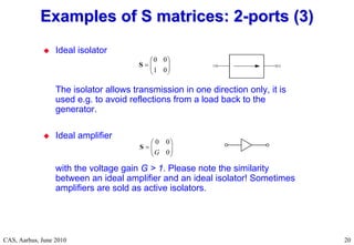 RF Basic Concepts, Caspers, McIntosh, Kroyer
CAS, Aarhus, June 2010 20
 Ideal isolator
The isolator allows transmission in one direction only, it is
used e.g. to avoid reflections from a load back to the
generator.
 Ideal amplifier
with the voltage gain G > 1. Please note the similarity
between an ideal amplifier and an ideal isolator! Sometimes
amplifiers are sold as active isolators.
Examples of S matrices: 2
Examples of S matrices: 2-
-ports (3)
ports (3)









0
1
0
0
S









0
0
0
G
S
 