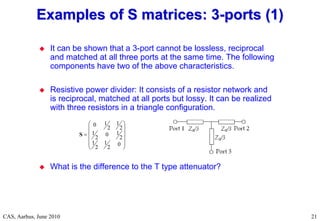 RF Basic Concepts, Caspers, McIntosh, Kroyer
CAS, Aarhus, June 2010 21
 It can be shown that a 3-port cannot be lossless, reciprocal
and matched at all three ports at the same time. The following
components have two of the above characteristics.
 Resistive power divider: It consists of a resistor network and
is reciprocal, matched at all ports but lossy. It can be realized
with three resistors in a triangle configuration.
 What is the difference to the T type attenuator?
Examples of S matrices: 3
Examples of S matrices: 3-
-ports (1)
ports (1)













0
2
1
2
1
2
1
0
2
1
2
1
2
1
0
S
 