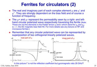 RF Basic Concepts, Caspers, McIntosh, Kroyer
CAS, Aarhus, June 2010 25
 The real and imaginary part of each complex element  are ’ and
’’. They are strongly dependent on the bias field and of course a
function of frequency.
 The + and - represent the permeability seen by a right- and left-
hand circular polarized wave respectively traversing the ferrite (Note:
These are not the elements in the Polder tensor μ and κ which stand for μ and μ
w. r. t. the DC magnetic bias field H0. For more details see any lecture on RF and
microwave ferrites.)
 Remember that any circular polarized wave can be represented by
superposition of two orthogonal linearly polarized waves.
Ferrites for circulators (2)
Ferrites for circulators (2)
real part of  imag part of 
In this picture Γ is not the reflection coefficient but gyromagnetic ratio 28 GHz/T
 