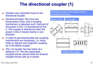RF Basic Concepts, Caspers, McIntosh, Kroyer
CAS, Aarhus, June 2010 29
 Another very important 4-port is the
directional coupler.
 General principle: We have two
transmission lines, and a coupling
mechanism is adjusted such, that part of
the power in line 1 is transferred to line
2. The coupler is directional when the
power in line 2 travels mainly in one
direction.
 In order to get directionality two coupling
mechanisms are necessary, i.e. many
holes or electric and magnetic coupling,
as in the Bethe coupler.
 The /4 coupler has two holes at a
distance /4. The two backwards
coupled waves cancel while the forward
coupled waves add up in phase
The directional coupler (1)
The directional coupler (1)
Directional couplers with coupling holes in
waveguide technology
Bethe coupler /4 coupler
multiple hole coupler
 