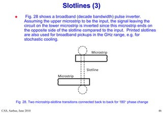 RF Basic Concepts, Caspers, McIntosh, Kroyer
CAS, Aarhus, June 2010 46
Slotlines (3)
Slotlines (3)
Fig 28. Two microstrip-slotline transitions connected back to back for 180 phase change
 Fig. 28 shows a broadband (decade bandwidth) pulse inverter.
Assuming the upper microstrip to be the input, the signal leaving the
circuit on the lower microstrip is inverted since this microstrip ends on
the opposite side of the slotline compared to the input. Printed slotlines
are also used for broadband pickups in the GHz range, e.g. for
stochastic cooling.
 
