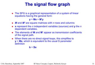 RF Basic Concepts, Caspers, McIntosh, Kroyer
CAS, Daresbury, September 2007 51
 The SFG is a graphical representation of a system of linear
equations having the general form:
y = Mx + M’y
 M and M’ are square matrices with n rows and columns
 x represent the n independent variables (sources) and y the n
dependent variables.
 The elements of M and M’ appear as transmission coefficients
of the signal path.
 When there are no direct signal loops, this simplifies to
y = Mx, which is equivalent to the usual S parameter
definition
b = Sa
The signal flow graph
The signal flow graph
 