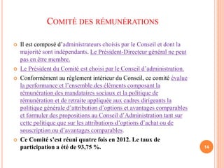 COMITÉ DES RÉMUNÉRATIONS 
 Il est composé d’administrateurs choisis par le Conseil et dont la 
majorité sont indépendants. Le Président-Directeur général ne peut 
pas en être membre. 
 Le Président du Comité est choisi par le Conseil d’administration. 
 Conformément au règlement intérieur du Conseil, ce comité évalue 
la performance et l’ensemble des éléments composant la 
rémunération des mandataires sociaux et la politique de 
rémunération et de retraite appliquée aux cadres dirigeants la 
politique générale d’attribution d’options et avantages comparables 
et formuler des propositions au Conseil d’Administration tant sur 
cette politique que sur les attributions d’options d’achat ou de 
souscription ou d’avantages comparables. 
 Ce Comité s’est réuni quatre fois en 2012. Le taux de 
participation a été de 93,75 %. 14 
 