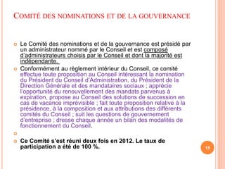 COMITÉ DES NOMINATIONS ET DE LA GOUVERNANCE 
 Le Comité des nominations et de la gouvernance est présidé par 
un administrateur nommé par le Conseil et est composé 
d’administrateurs choisis par le Conseil et dont la majorité est 
indépendante. 
 Conformément au règlement intérieur du Conseil, ce comité 
effectue toute proposition au Conseil intéressant la nomination 
du Président du Conseil d’Administration, du Président de la 
Direction Générale et des mandataires sociaux ; apprécie 
l’opportunité du renouvellement des mandats parvenus à 
expiration, propose au Conseil des solutions de succession en 
cas de vacance imprévisible ; fait toute proposition relative à la 
présidence, à la composition et aux attributions des différents 
comités du Conseil ; suit les questions de gouvernement 
d’entreprise ; dresse chaque année un bilan des modalités de 
fonctionnement du Conseil. 
 
 Ce Comité s’est réuni deux fois en 2012. Le taux de 
participation a été de 100 %. 15 
 