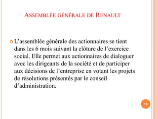 ASSEMBLÉE GÉNÉRALE DE RENAULT 
 L’assemblée générale des actionnaires se tient 
dans les 6 mois suivant la clôture de l’exercice 
social. Elle permet aux actionnaires de dialoguer 
avec les dirigeants de la société et de participer 
aux décisions de l’entreprise en votant les projets 
de résolutions présentés par le conseil 
d’administration. 
18 
 