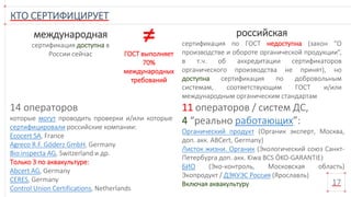 КТО СЕРТИФИЦИРУЕТ
17
международная
сертификация доступна в
России сейчас
российская
сертификация по ГОСТ недоступна (закон “О
производстве и обороте органической продукции”,
в т.ч. об аккредитации сертификаторов
органического производства не принят), но
доступна сертификация по добровольным
системам, соответствующим ГОСТ и/или
международным органическим стандартам
14 операторов
которые могут проводить проверки и/или которые
сертифицировали российские компании:
Ecocert SA, France
Agreco R.F. Göderz GmbH, Germany
Bio.inspecta AG, Switzerland и др.
Только 3 по аквакультуре:
Abcert AG, Germany
CERES, Germany
Control Union Certifications, Netherlands
≠
ГОСТ выполняет
70%
международных
требований
11 операторов / систем ДС,
4 “реально работающих”:
Органический продукт (Органик эксперт, Москва,
доп. акк. ABCert, Germany)
Листок жизни. Органик (Экологический союз Санкт-
Петербурга доп. акк. Kiwa BCS ÖKO-GARANTIE)
БИО (Эко-контроль, Московская область)
Экопродукт / ДЭКУЭС Россия (Ярославль)
Включая аквакультуру
 