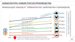 Лимит биопродуктивности Мирового океана
достигнут: объемы рыболовства не растут 20 лет 02
→ 0
1995 2015
↗1,12 р.
↗1,32 р.
↗1,17 р.
↗1,66 р.
↗3,24 р.
↗1,33 р.
93.4 → 93.7 млн.т
РОСТОБЪЕМАПРОИЗВОДСТВАВ
НАТУРАЛЬНОМВЫРАЖЕНИИЗА20ЛЕТ
 