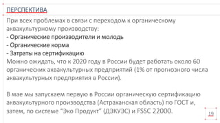 ПЕРСПЕКТИВА
19
При всех проблемах в связи с переходом к органическому
аквакультурному производству:
- Органические производители и молодь
- Органические корма
- Затраты на сертификацию
Можно ожидать, что к 2020 году в России будет работать около 60
органических аквакультурных предприятий (1% от прогнозного числа
аквакультурных предприятия в России).
В мае мы запускаем первую в России органическую сертификацию
аквакультурного производства (Астраханская область) по ГОСТ и,
затем, по системе “Эко Продукт” (ДЭКУЭС) и FSSC 22000.
 