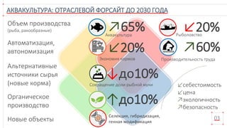 АКВАКУЛЬТУРА: ОТРАСЛЕВОЙ ФОРСАЙТ ДО 2030 ГОДА
03
↗65%Объем производства
(рыба, ракообразные) ↙20%
Автоматизация,
автономизация ↙20% ↗60%
Альтернативные
источники сырья
(новые корма)
↓до10%
Новые объекты
↙себестоимость
↙цена
↗экологичность
↗безопасность
Экономия кормов Производительность труда
Сокращение доли рыбной муки
РыболовствоАквакультура
Органическое
производство
Селекция, гибридизация,
генная модификация
↑до10%
 
