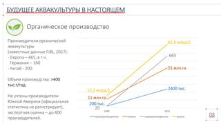 БУДУЩЕЕ АКВАКУЛЬТУРЫ В НАСТОЯЩЕМ
08
Органическое производство
Производители органической
аквакультуры
(известные данные FiBL, 2017):
- Европа – 465, в т.ч.
Германия – 160
- Китай - 200.
Объем производства: >400
тыс.т/год
Не учтены производители
Южной Америки (официальная
статистика не регистрирует),
экспертная оценка – до 400
производителей.
1999 2015
агропроизводители земель аквапроизводители рынок
11 млн.га
51 млн.га
20
2400 тыс.
200 тыс.
15,2 млрд.$
81,6 млрд.$
665
 