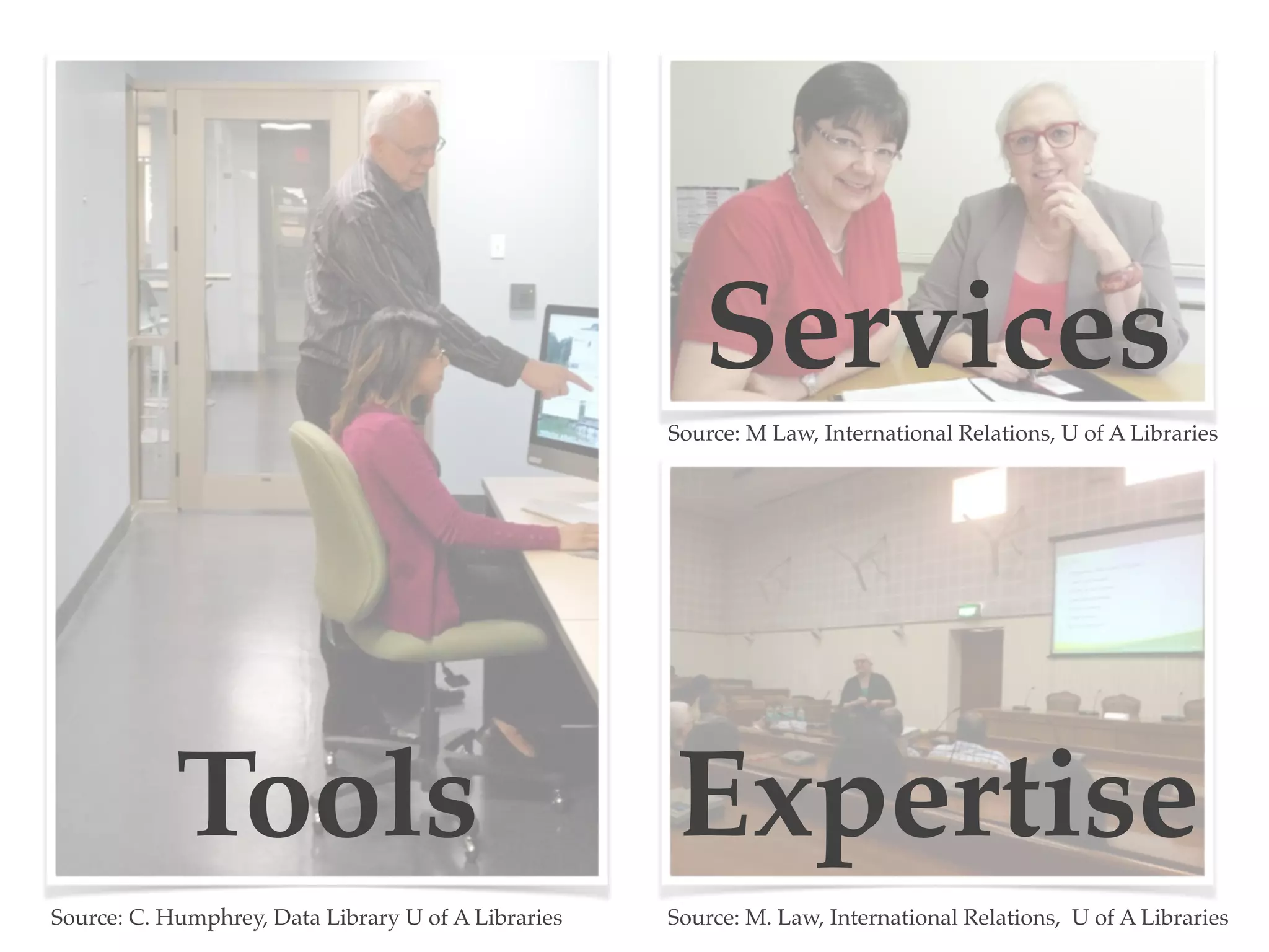 Tools
Services
Expertise
Source: C. Humphrey, Data Library U of A Libraries Source: M. Law, International Relations, U of A Libraries
Source: M Law, International Relations, U of A Libraries
 