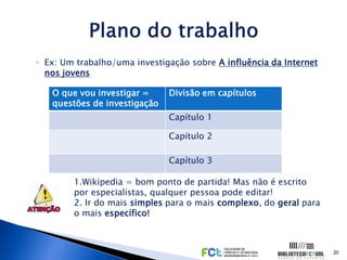 ◦ Ex: Um trabalho/uma investigação sobre A influência da Internet
  nos jovens

   O que vou investigar =     Divisão em capítulos
   questões de investigação
                              Capítulo 1

                              Capítulo 2

                              Capítulo 3

        1.Wikipedia = bom ponto de partida! Mas não é escrito
        por especialistas, qualquer pessoa pode editar!
        2. Ir do mais simples para o mais complexo, do geral para
        o mais específico!



                                                                    20
 