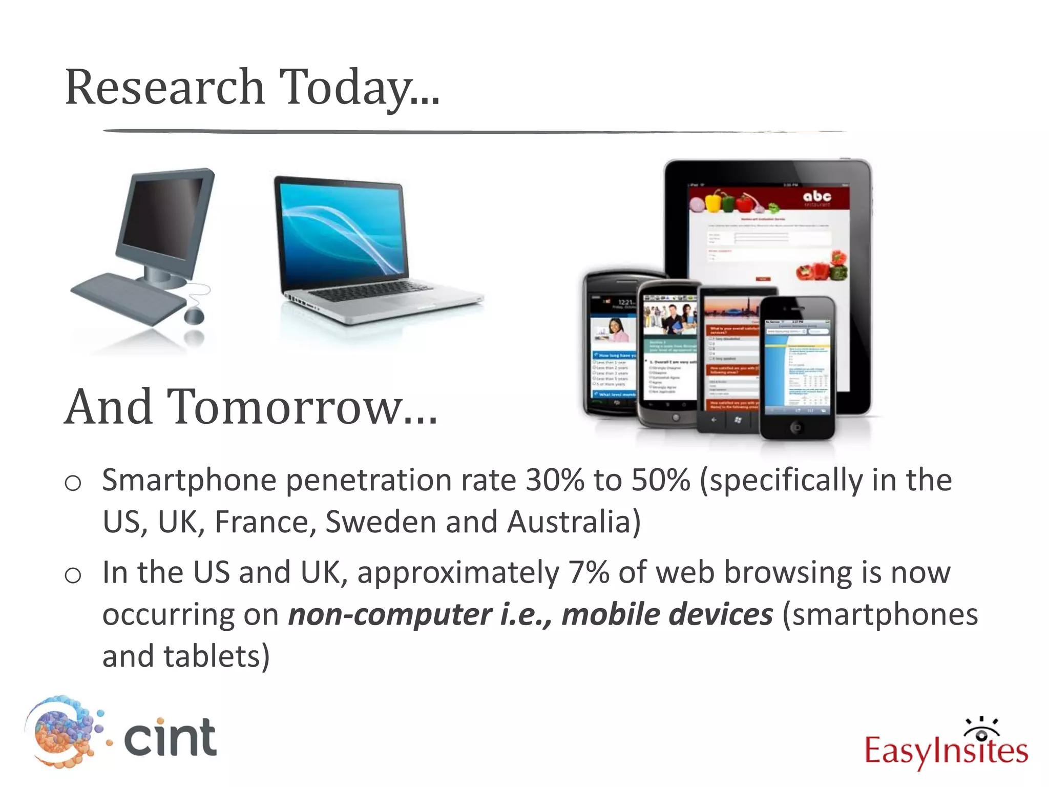 Research Today...




And Tomorrow…
o Smartphone penetration rate 30% to 50% (specifically in the
  US, UK, France, Sweden and Australia)
o In the US and UK, approximately 7% of web browsing is now
  occurring on non-computer i.e., mobile devices (smartphones
  and tablets)
 