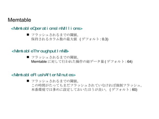Memtable < MemtableThroughputInMB > < MemtableFlushAfterMinutes > < MemtableOperationsInMillions > フラッシュされるまでの閾値。 保持されるカラム数の最大値  ( デフォルト : 0.3) フラッシュされるまでの閾値。 Memtable に対して行われた操作の総データ量 ( デフォルト : 64) フラッシュされるまでの閾値。 この時間がたってもまだフラッシュされていなければ強制フラッシュ。  本番環境では多めに設定しておいたほうが良い。 ( デフォルト : 60) 