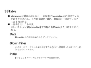 Memtable が閾値を超えると、 非同期で Memtable の内容がディスクに書き出される。その際 Bloom Filter 、 Index が一緒にディスクに書き出される。 一度書き出したら不変。 コンパクション (Compaction) で複数の SSTable を 1 つにまとめられる。 SSTable Bloom Filter Index Data Memtable の内容が格納されたデータファイル。 あるキーがデータファイルに存在するか ( ただし偽陽性 ) をコンパクトに 知るためのファイル。 ( おそらく )  キーに対応するデータの位置を保存。 