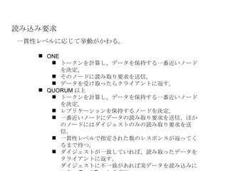 読み込み要求 一貫性レベルに応じて挙動がかわる。 ONE トークンを計算し、データを保持する一番近いノードを決定。 そのノードに読み取り要求を送信。 データを受け取ったらクライアントに返す。 QUORUM 以上 トークンを計算し、データを保持する一番近いノードを決定。 レプリケーションを保持するノードを決定。 一番近いノードにデータの読み取り要求を送信。ほかのノードにはダイジェストのみの読み取り要求を送信。 一貫性レベルで指定された数のレスポンスが返ってくるまで待つ。 ダイジェストが一致していれば、読み取ったデータをクライアントに返す。 ダイジェストに不一致があれば実データを読み込みにいき、 Read Repair を実行。 