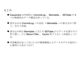 まとめ Cassandra は内部的に CommitLog 、 Memtable 、 SSTable の 3 つの物理的なデータ構造を持っている。 書き込みは CommitLog への追記  + Memtable への書き込みで終了、なので高速。 読み込み時は Memtable と全ての SSTable からデータを探すので若干遅い。けど Bloom Filter 、 Cache 等で工夫して高速化している。 内部構造を知っておいた方が環境構築にもデータモデルの設計にも運用にも役立つはず。 