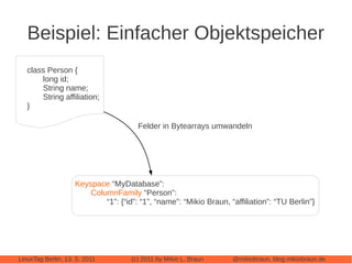 Beispiel: Einfacher Objektspeicher
   class Person {
       long id;
       String name;
       String affiliation;
   }

                                       Felder in Bytearrays umwandeln




                    Keyspace “MyDatabase”:
                        ColumnFamily “Person”:
                            “1”: {“id”: “1”, “name”: “Mikio Braun, “affiliation”: “TU Berlin”}




LinuxTag Berlin, 13. 5. 2011         (c) 2011 by Mikio L. Braun     @mikiobraun, blog.mikiobraun.de
 