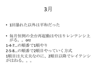 3月
• 1回暴れた以外は平和だった
• 毎月恒例の全台再起動はやはりレンテンシ上
がる。。orz
1-4-7...の順番で1順やり
2-5-8...の順番で2順目やっていく方式
1順目は大丈夫なのに、2順目以降でレイテンシ
がはねる。。。
 