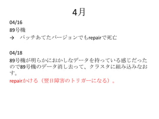 4月
04/16
89号機
→ パッチあてたバージョンでもrepairで死亡
04/18
89号機が明らかにおかしなデータを持っている感じだった
ので89号機のデータ消し去って、クラスタに組み込みなお
す。
repairかける（翌日障害のトリガーになる）。
 