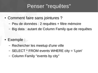 Penser "requêtes"
●

Comment faire sans jointures ?
–
–

●

Peu de données : 2 requêtes + filtre mémoire
Big data : autant de Column Family que de requêtes

Exemple :
–

Rechercher les meetup d'une ville

–

SELECT * FROM events WHERE city = 'Lyon'

–

Column Family "events by city"

 