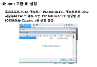 Ubuntu 호환 IP 설정
호스트포트 9042, 게스트IP 192.168.56.101, 게스트포트 9042
지금부터 CA1의 내부 IP는 192.168.56.101로 설정할 것
9042포트는 Cassandra를 위한 설정
 