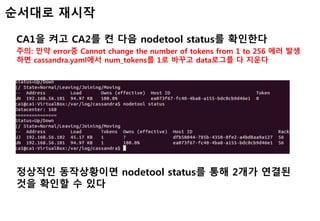 순서대로 재시작
CA1을 켜고 CA2를 켠 다음 nodetool status를 확인한다
주의: 만약 error중 Cannot change the number of tokens from 1 to 256 에러 발생
하면 cassandra.yaml에서 num_tokens를 1로 바꾸고 data로그를 다 지운다
정상적인 동작상황이면 nodetool status를 통해 2개가 연결된
것을 확인할 수 있다
 