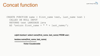 Concat function
CREATE FUNCTION name ( first_name text, last_name text )
CALLED ON NULL INPUT
RETURNS text LANGUAGE java
AS ‘return first_name + " " + last_name;’;
cqlsh:twotwo> select name(first_name, last_name) FROM user;
twotwo.name(first_name, last_name)
------------------------------------
Victor Coustenoble
 