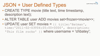 JSON + User Defined Types
• CREATE TYPE movie (title text, time timestamp,
description text);
• ALTER TABLE user ADD movies set<frozen<movie>>;
• UPDATE user SET movies = {{ title:'Batman',
time:'2011-02-03T04:05:00+0000', description:
'This film rocks' }} where username = 'chbatey';
 