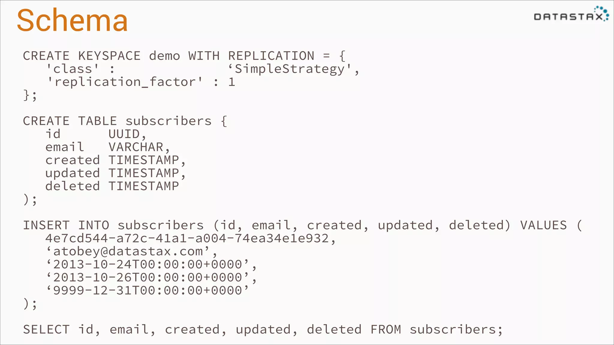Schema
CREATE KEYSPACE demo WITH REPLICATION = {
'class' :
‘SimpleStrategy',
'replication_factor' : 1
};
!

CREATE TABLE subscribers {
id
UUID,
email
VARCHAR,
created TIMESTAMP,
updated TIMESTAMP,
deleted TIMESTAMP
);
!

INSERT INTO subscribers (id, email, created, updated, deleted) VALUES (
4e7cd544-a72c-41a1-a004-74ea34e1e932,
‘atobey@datastax.com’,
‘2013-10-24T00:00:00+0000’,
‘2013-10-26T00:00:00+0000’,
‘9999-12-31T00:00:00+0000’
);
!

SELECT id, email, created, updated, deleted FROM subscribers;

 
