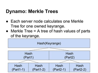 Dynamo: Merkle Trees
● Each server node calculates one Merkle
Tree for one owned keyrange.
● Merkle Tree = A tree of hash values of parts
of the keyrange.
Hash(Keyrange)
Hash
(Part1)
Hash
(Part1-1)

Hash
(Part1-2)

Hash
(Part2)
Hash
(Part2-1)

Hash
(Part2-2)

 