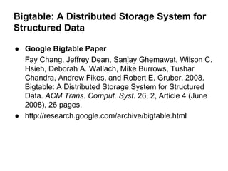 Bigtable: A Distributed Storage System for
Structured Data
● Google Bigtable Paper
Fay Chang, Jeffrey Dean, Sanjay Ghemawat, Wilson C.
Hsieh, Deborah A. Wallach, Mike Burrows, Tushar
Chandra, Andrew Fikes, and Robert E. Gruber. 2008.
Bigtable: A Distributed Storage System for Structured
Data. ACM Trans. Comput. Syst. 26, 2, Article 4 (June
2008), 26 pages.
● http://research.google.com/archive/bigtable.html

 